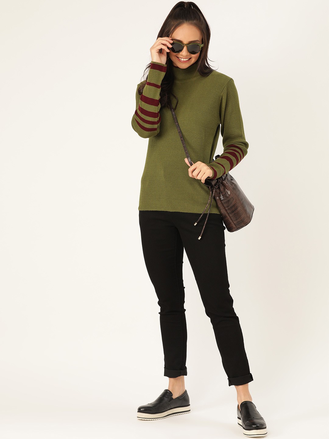 

DressBerry Women Olive Green Ribbed High Neck Pullover Sweater