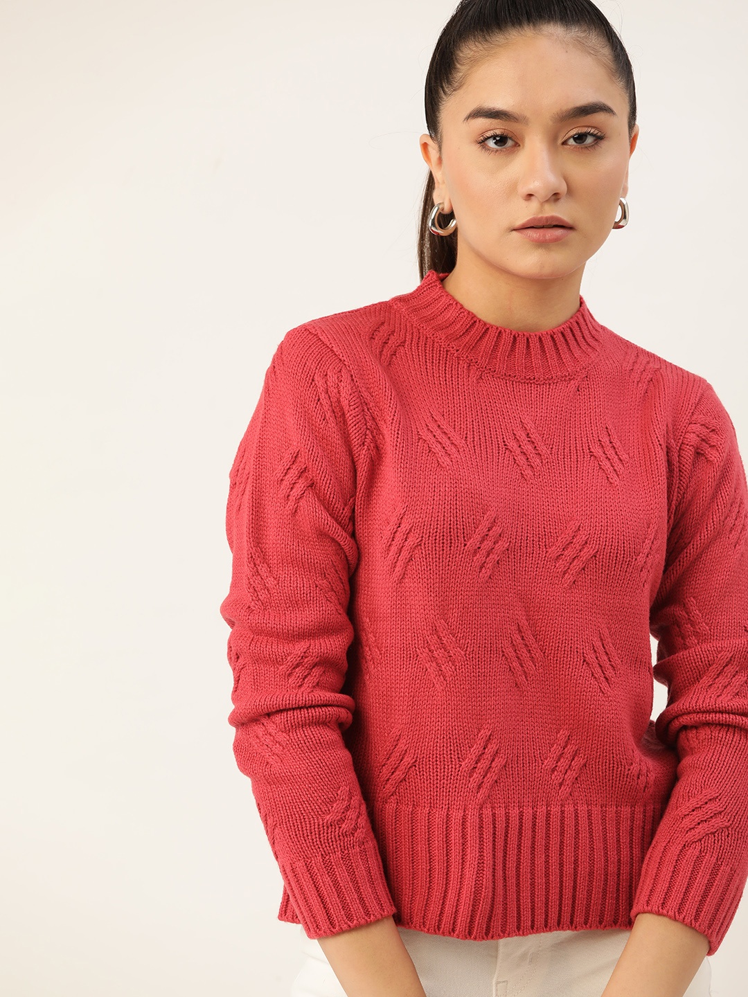 

DressBerry Women Pink Acrylic Acrylic Cable Knit Pullover