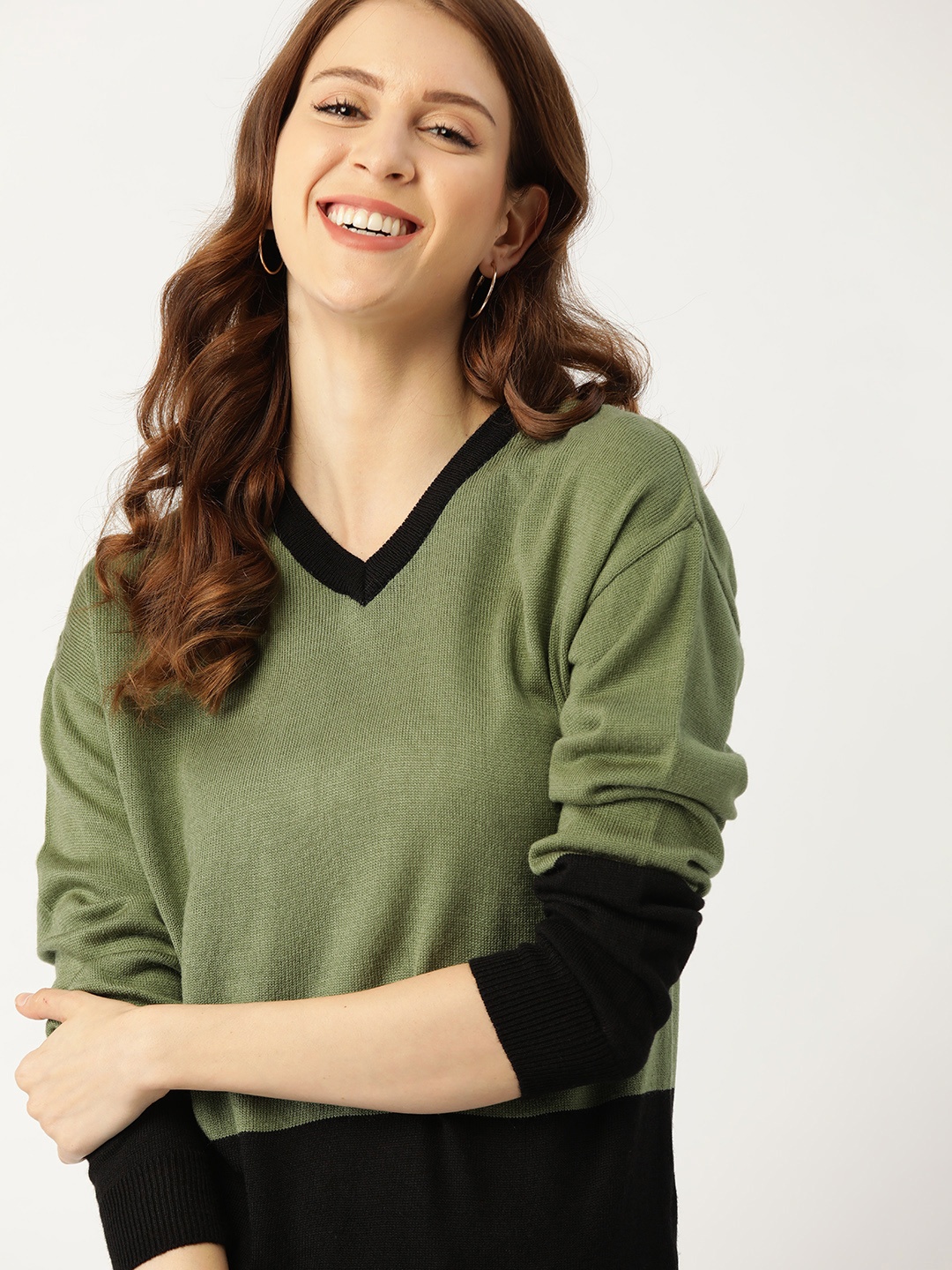 

DressBerry Women Olive Green & Black Colourblocked Sweater