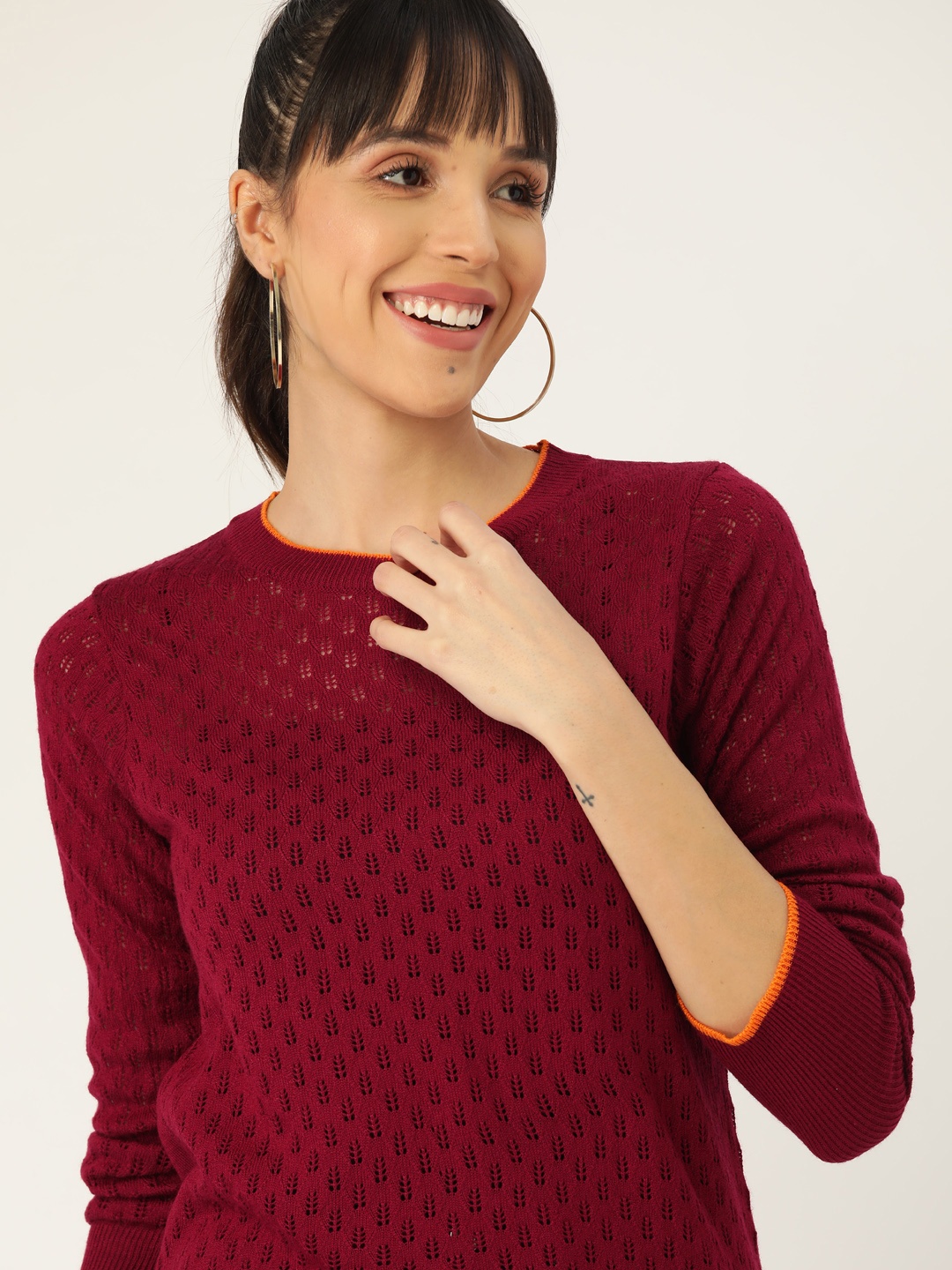 

DressBerry Women Maroon Open Knit Pullover Sweater
