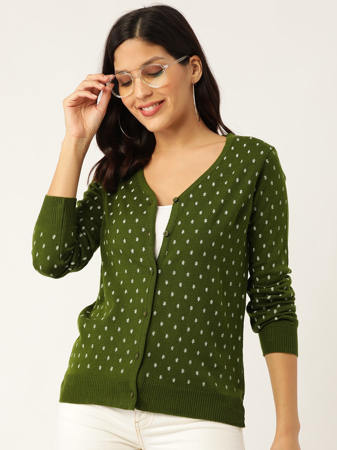 

DressBerry Women Green & Off White Printed Cardigan