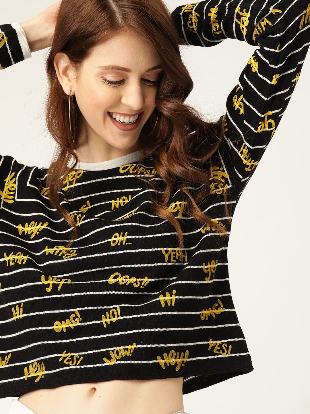 

DressBerry Women Black & Yellow Printed Crop Acrylic Pullover