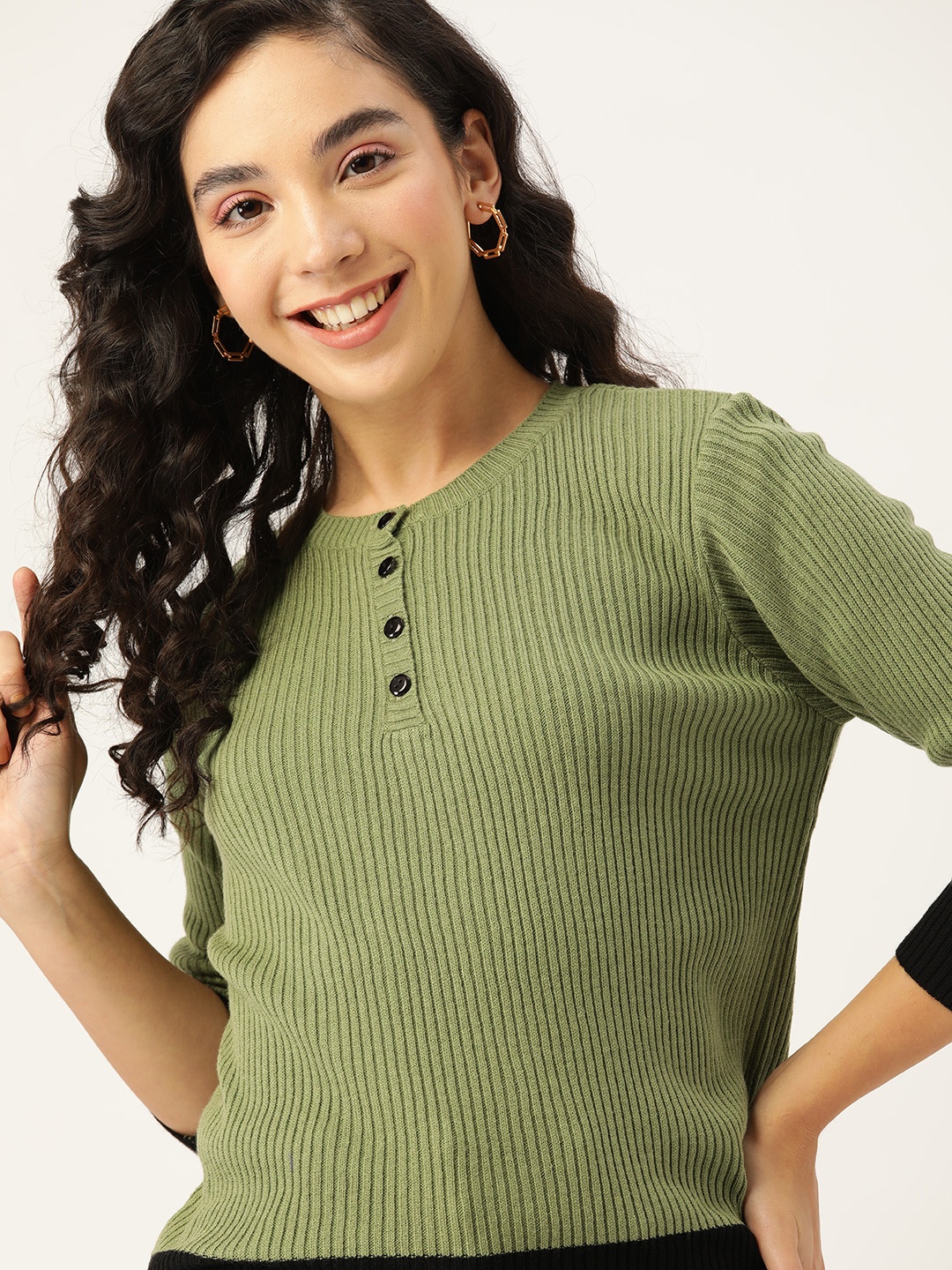 

DressBerry Women Green & Black Ribbed Pullover