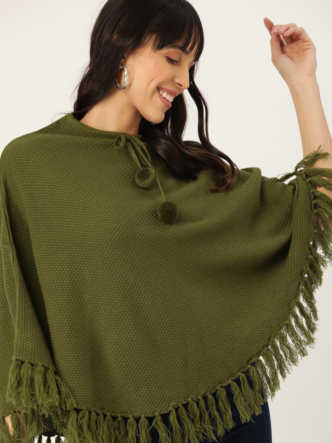 

DressBerry Women Olive Green Self Design Tasselled Poncho