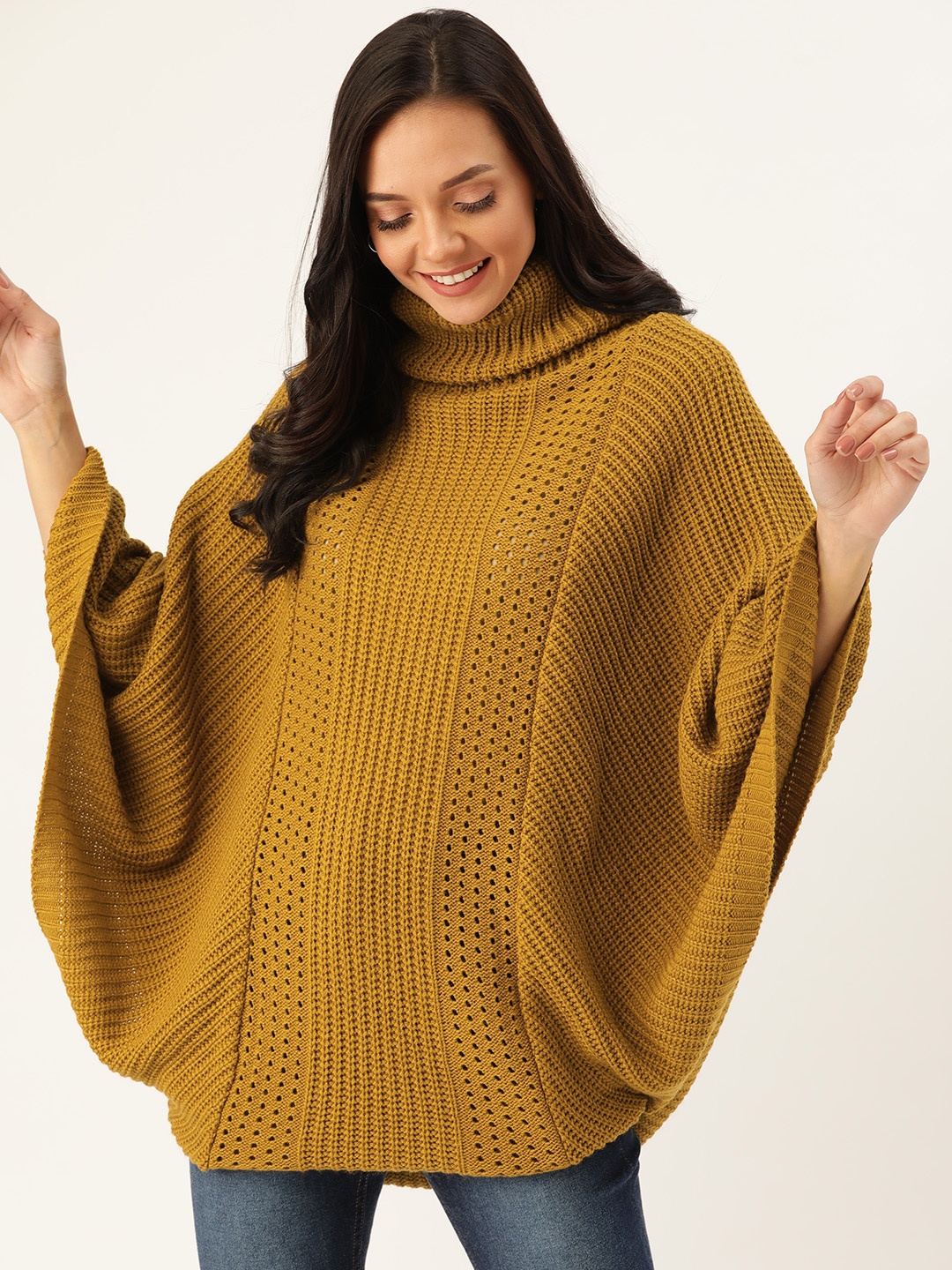 

DressBerry Women Mustard Yellow Open Knit Longline Poncho