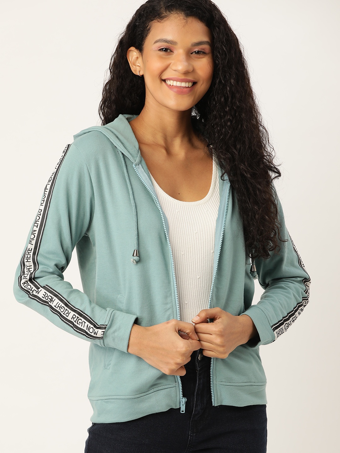 

DressBerry Women Blue Solid Hooded Sweatshirt With Side Tap Detail