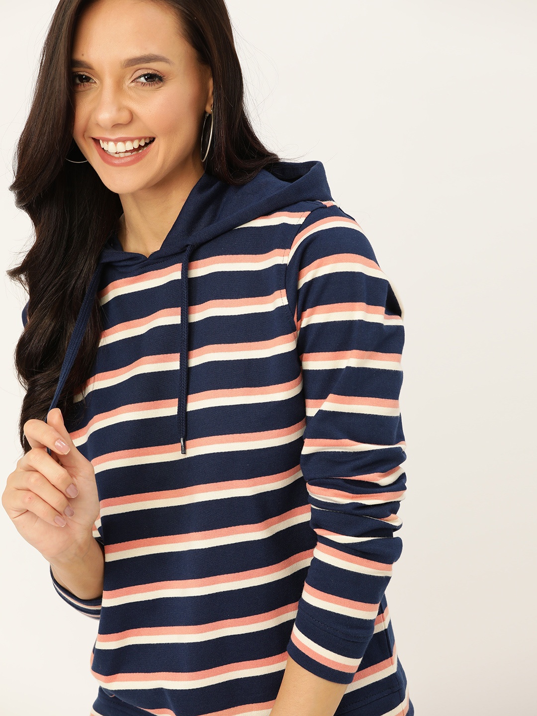 

DressBerry Women Navy Blue & Pink Striped Hooded Sweatshirt