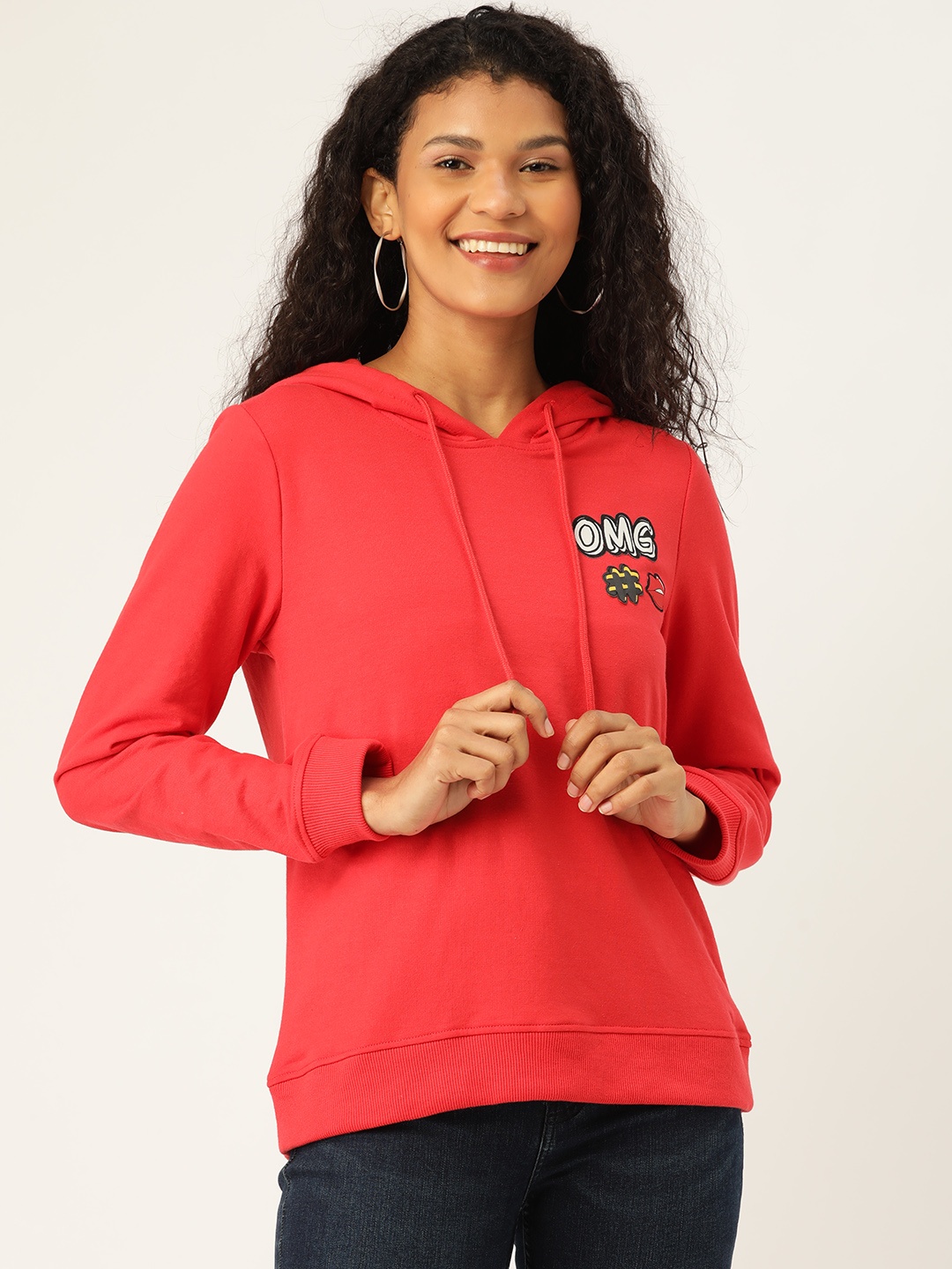 

DressBerry Women Coral Red Solid Hooded Sweatshirt
