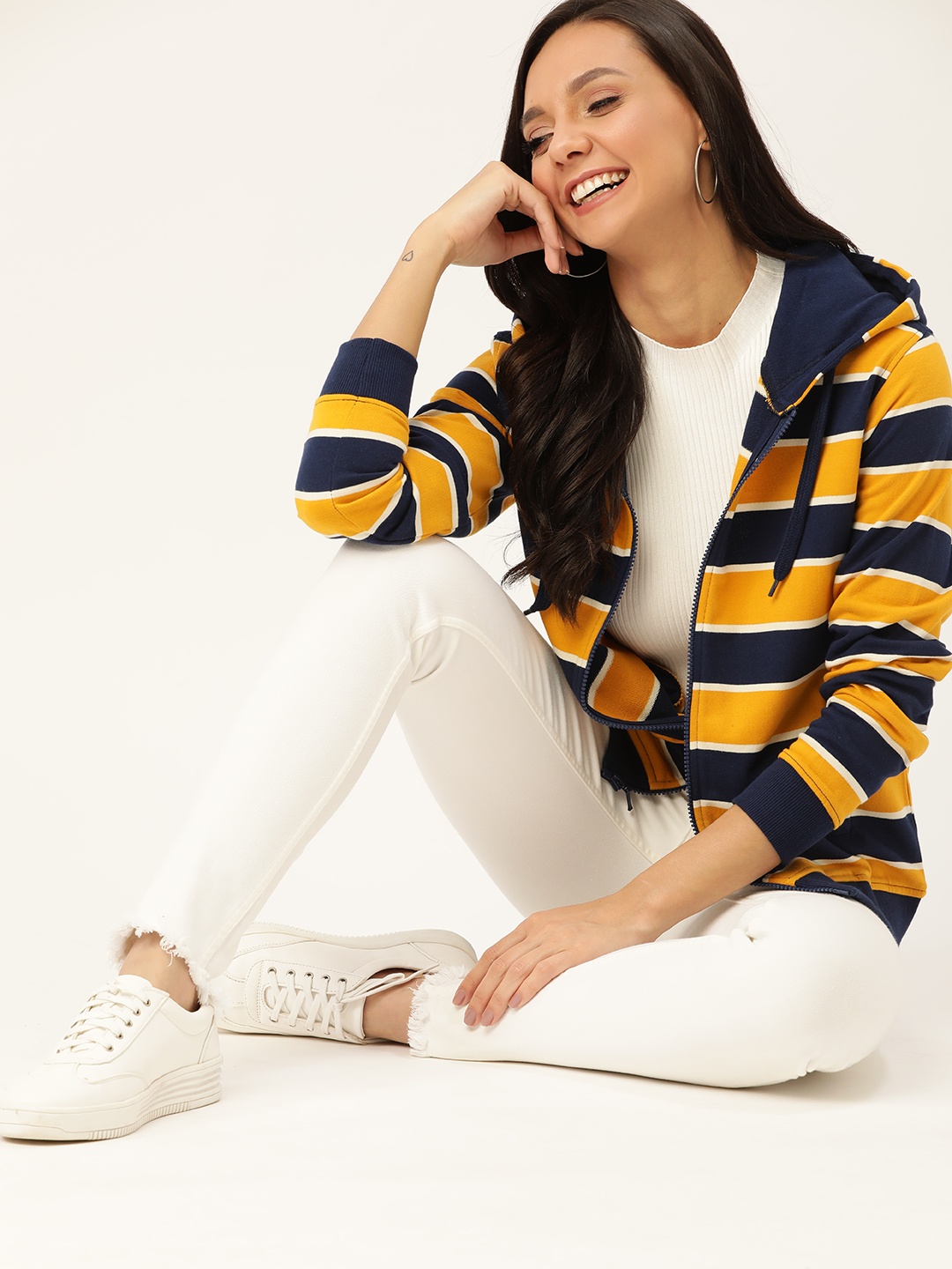 

DressBerry Women Mustard Yellow & Navy Blue Striped Hooded Sweatshirt