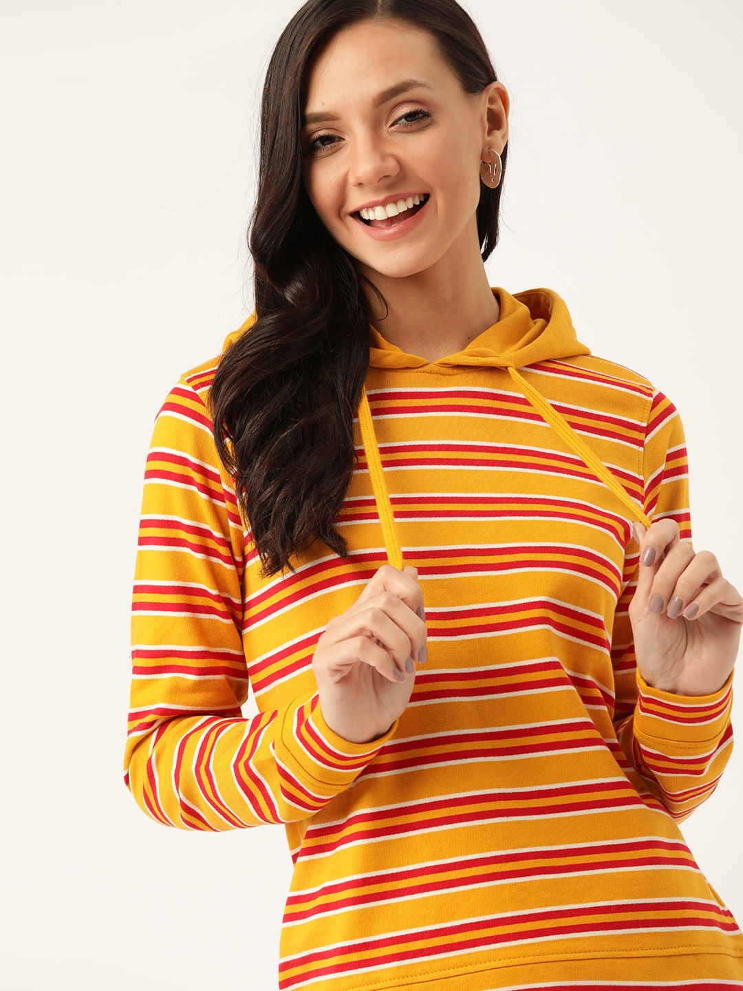 

DressBerry Women Mustard Yellow & Red Striped Hooded Sweatshirt