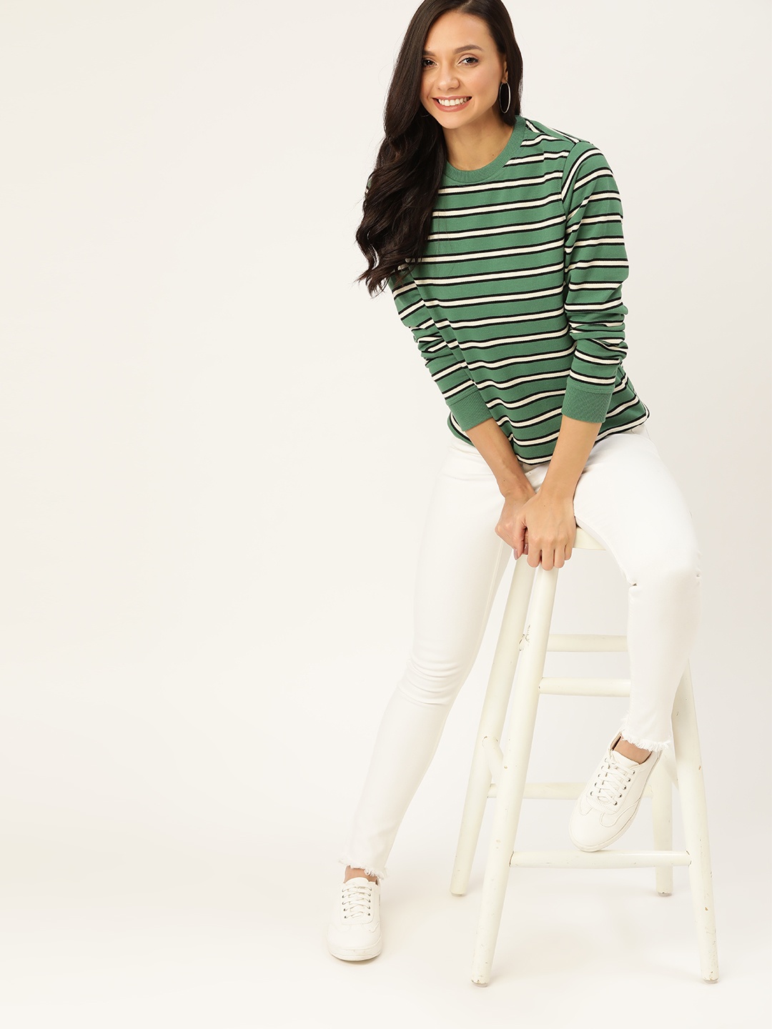 

DressBerry Women Green & Off-White Striped Sweatshirt