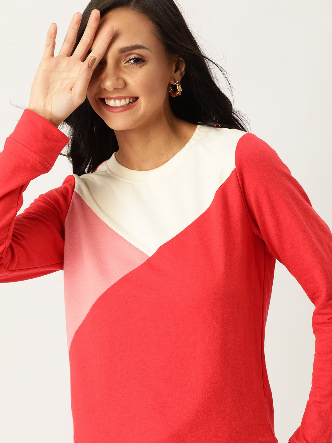 

DressBerry Women Coral Red & Off-White Colourblocked Sweatshirt