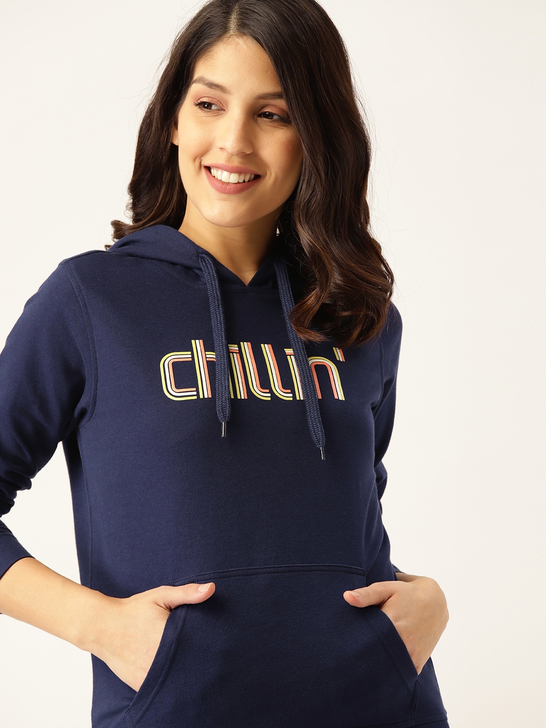 

DressBerry Women Navy Blue Typography Print Hooded Sweatshirt