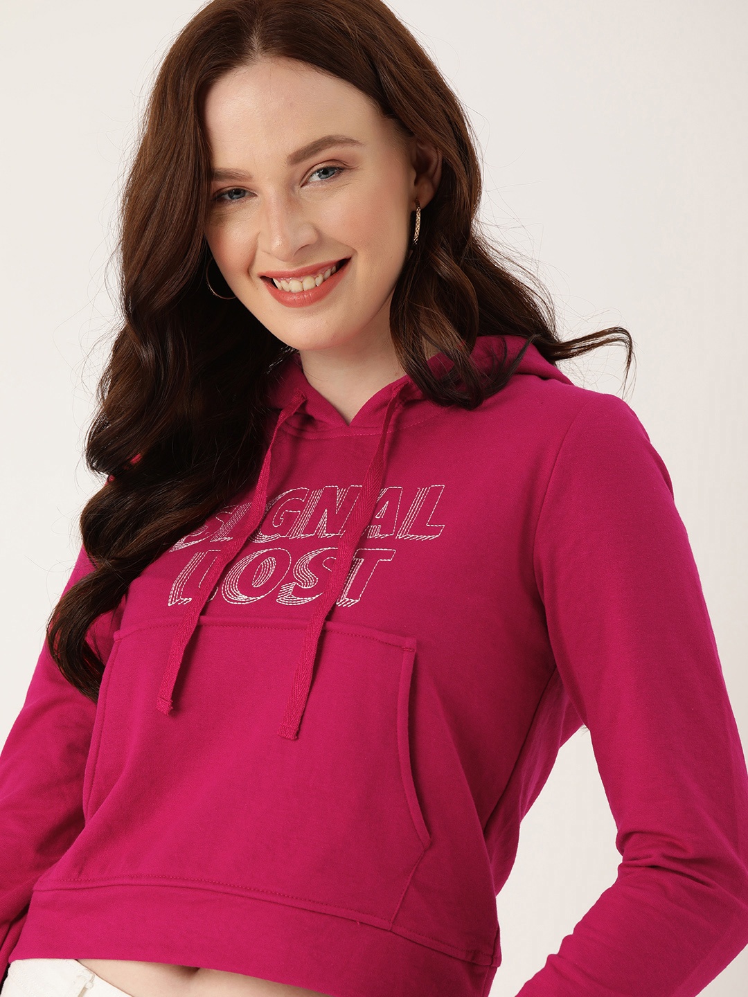 

DressBerry Women Pink Printed Hooded Cropped Pullover Sweatshirt