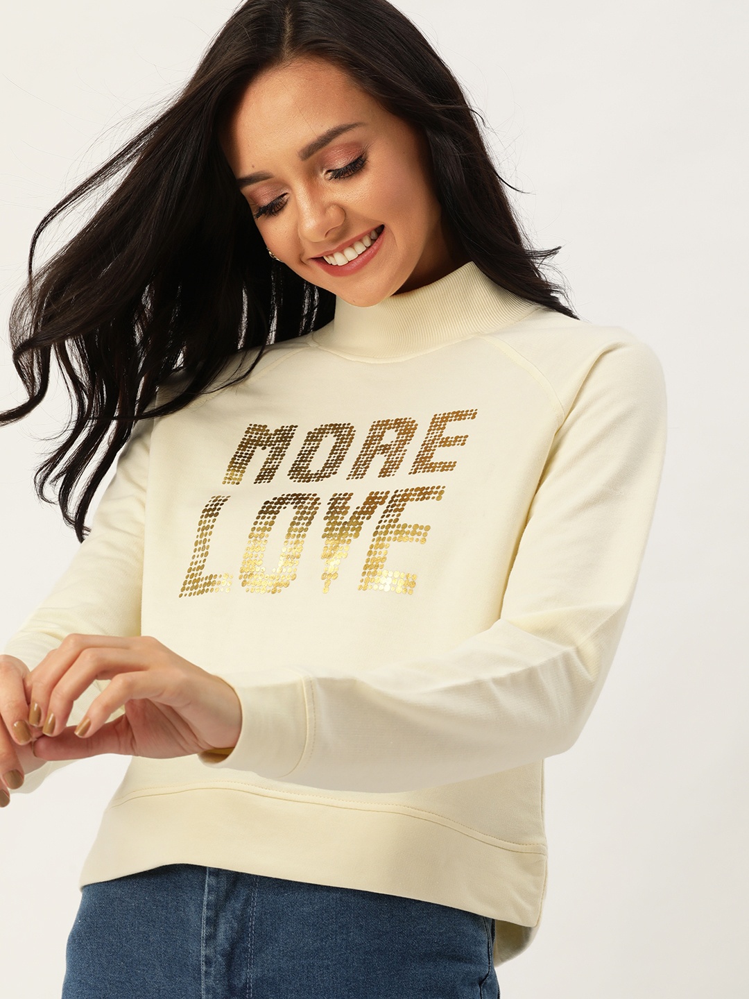 

DressBerry Women Cream-Coloured & Gold-Toned Printed Sweatshirt