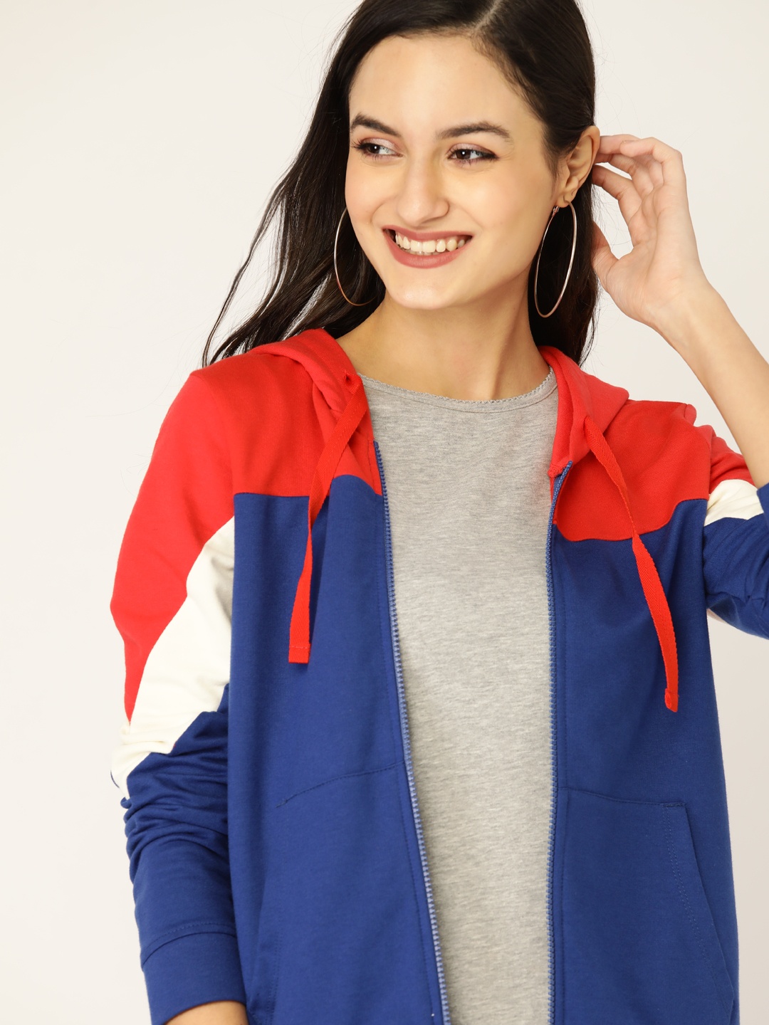 

DressBerry Women Blue & Red Colourblocked Hooded Sweatshirt