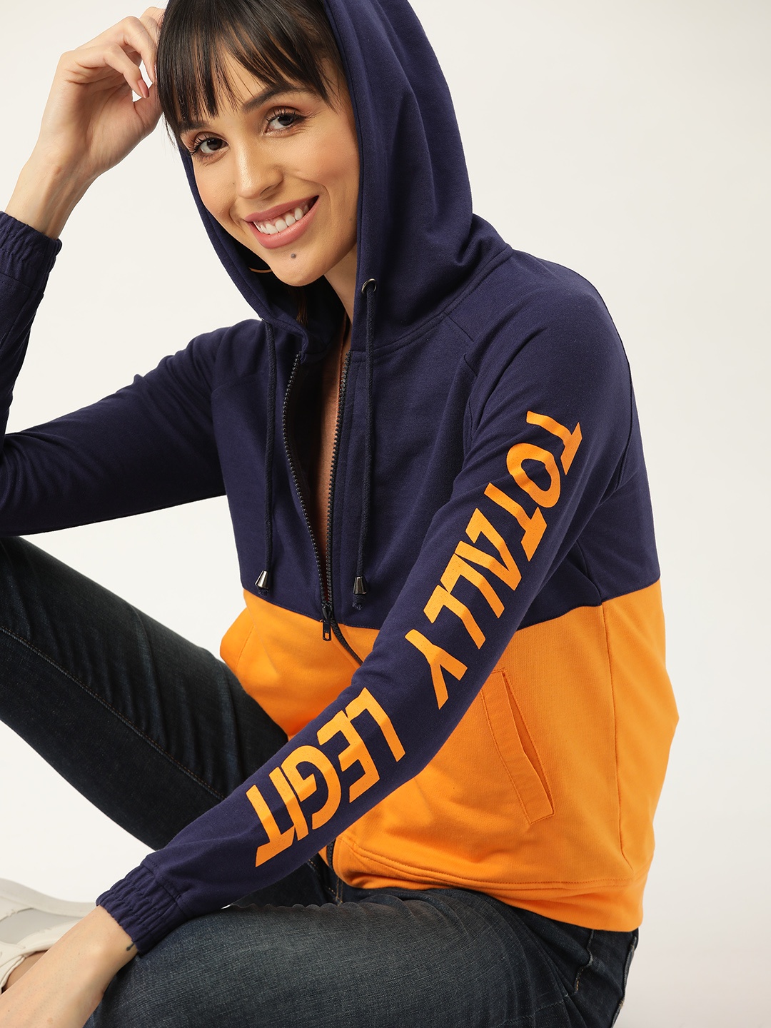 

DressBerry Women Navy Blue & Orange Colourblocked Hooded Sweatshirt