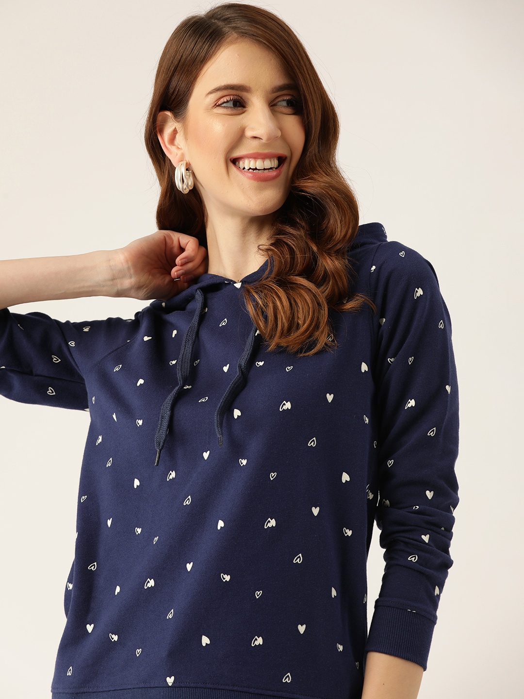 

DressBerry Women Navy Blue & Grey Printed Hooded Sweatshirt