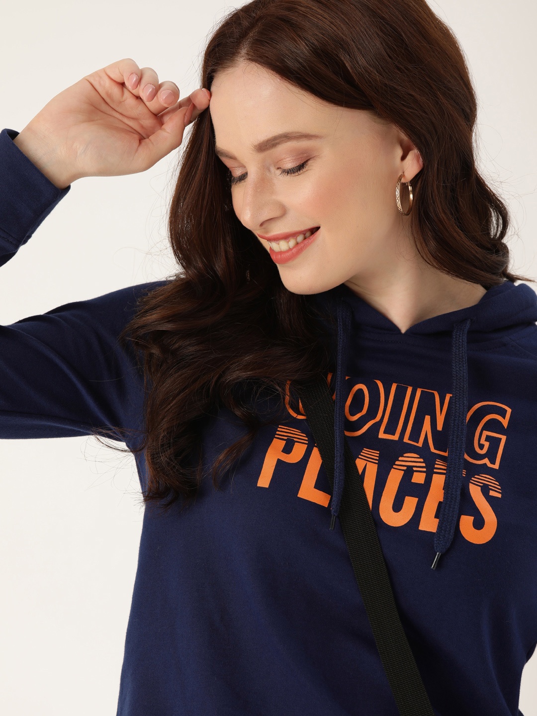 

DressBerry Women Navy Blue Printed Hooded Sweatshirt