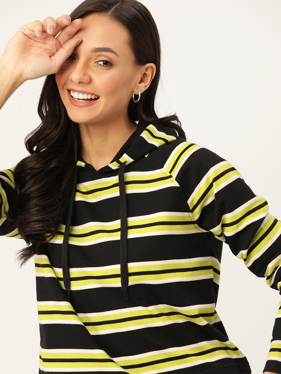 

DressBerry Women Black & Fluorescent Green Striped Hooded Sweatshirt