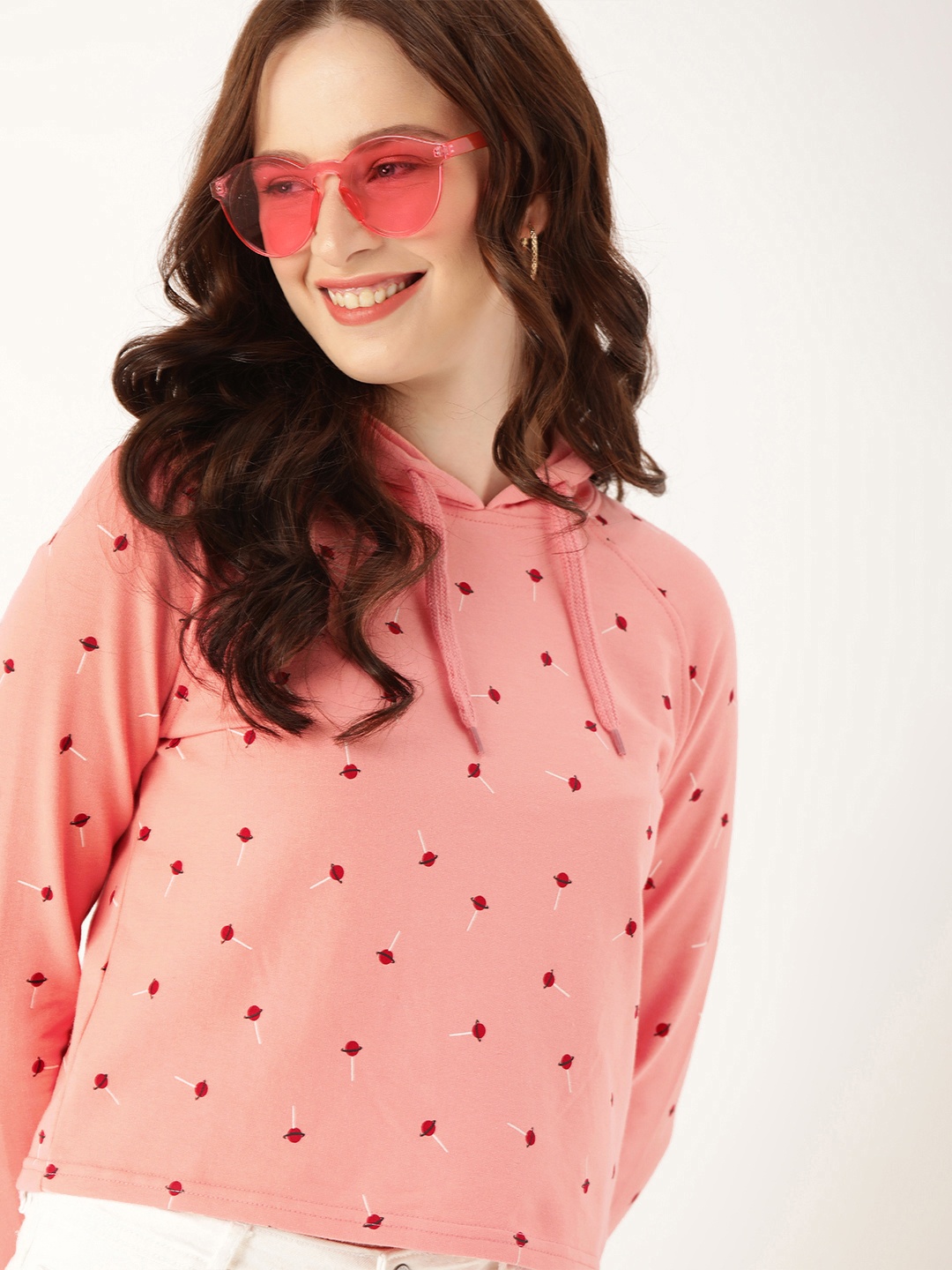 

DressBerry Women Pink Printed Hooded Cropped Pullover Sweatshirt