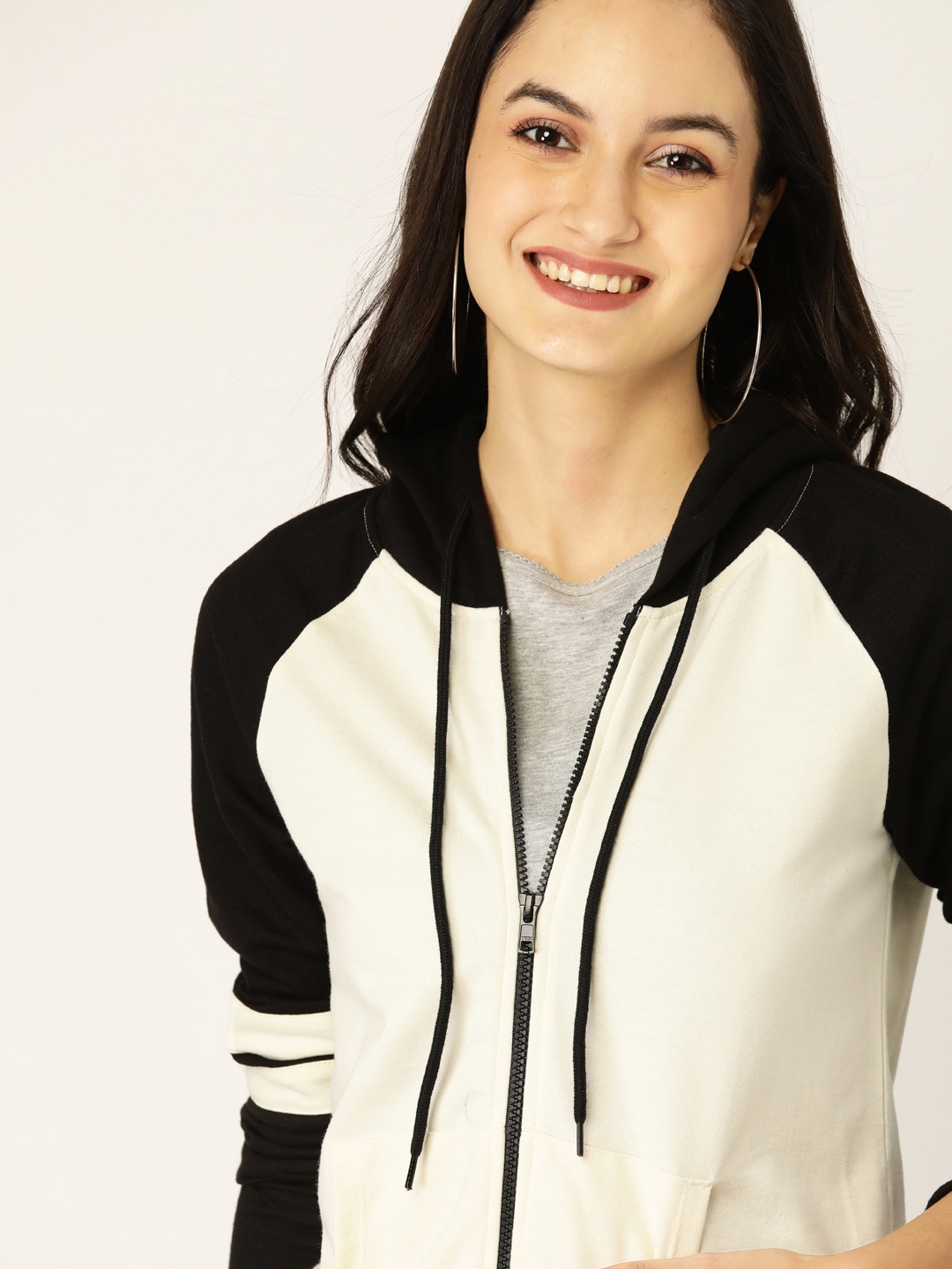 

DressBerry Women Off-White & Black Solid Hooded Sweatshirt