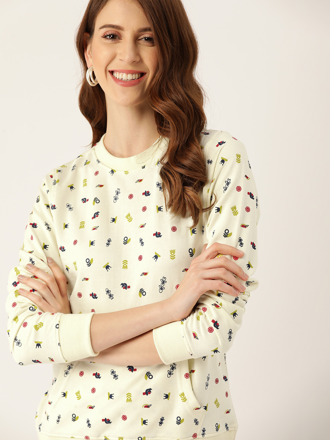 

DressBerry Women Cream-Coloured & Navy Blue Printed Sweatshirt