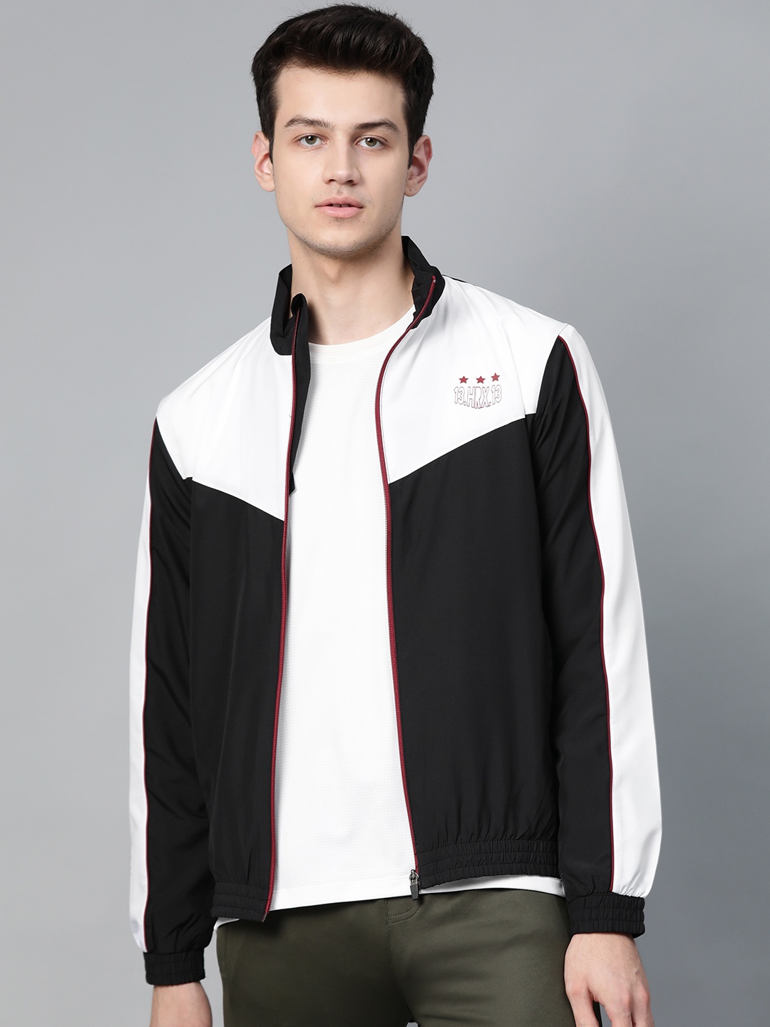 

HRX by Hrithik Roshan Men Black/White/Maroon Colourblocked Rapid-Dry Antimicrobial Football Jacket