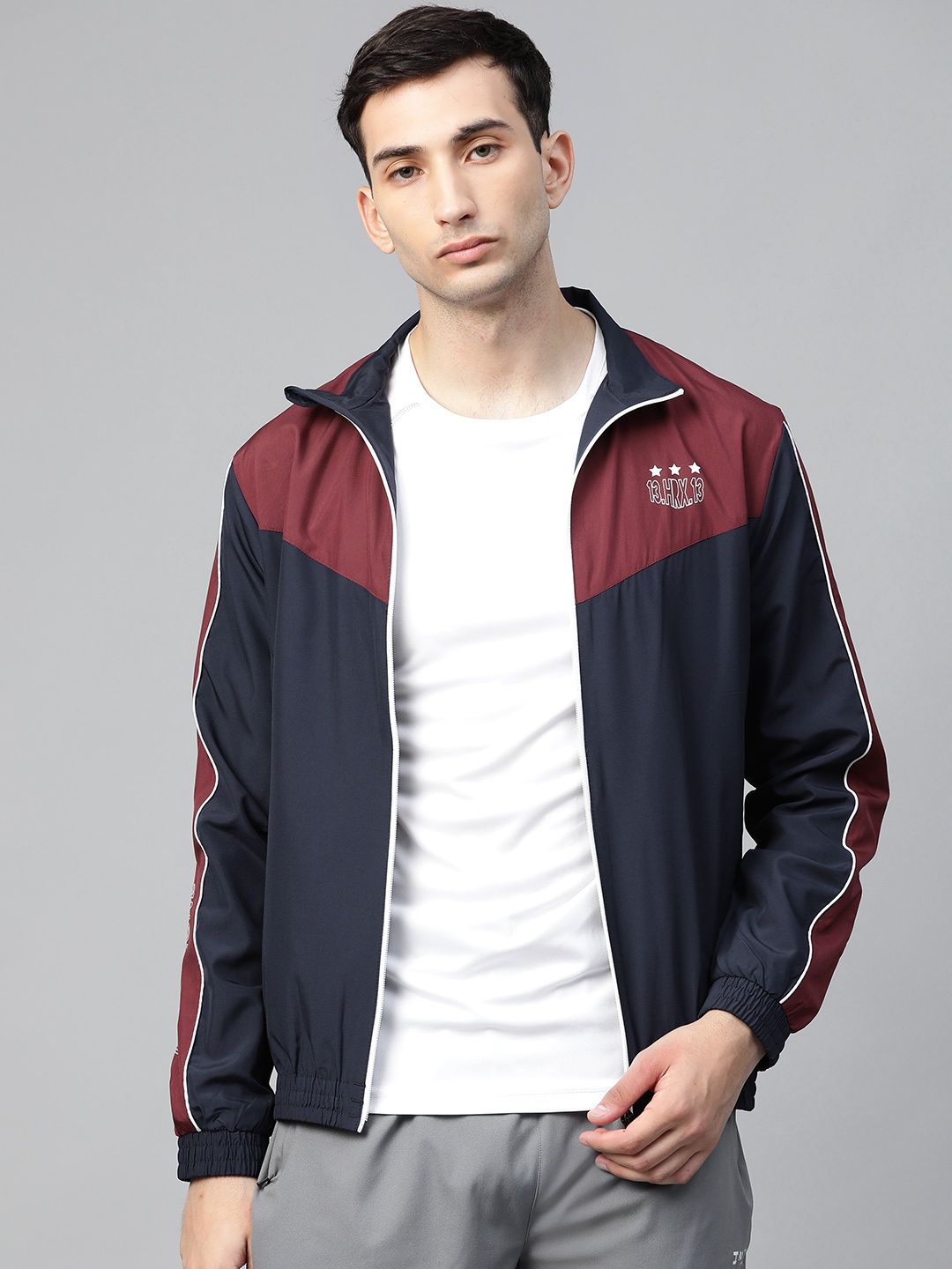 

HRX by Hrithik Roshan Men Navy/Maroon/White Colourblocked Rapid-Dry Antimicrobial Football Jacket, Navy blue