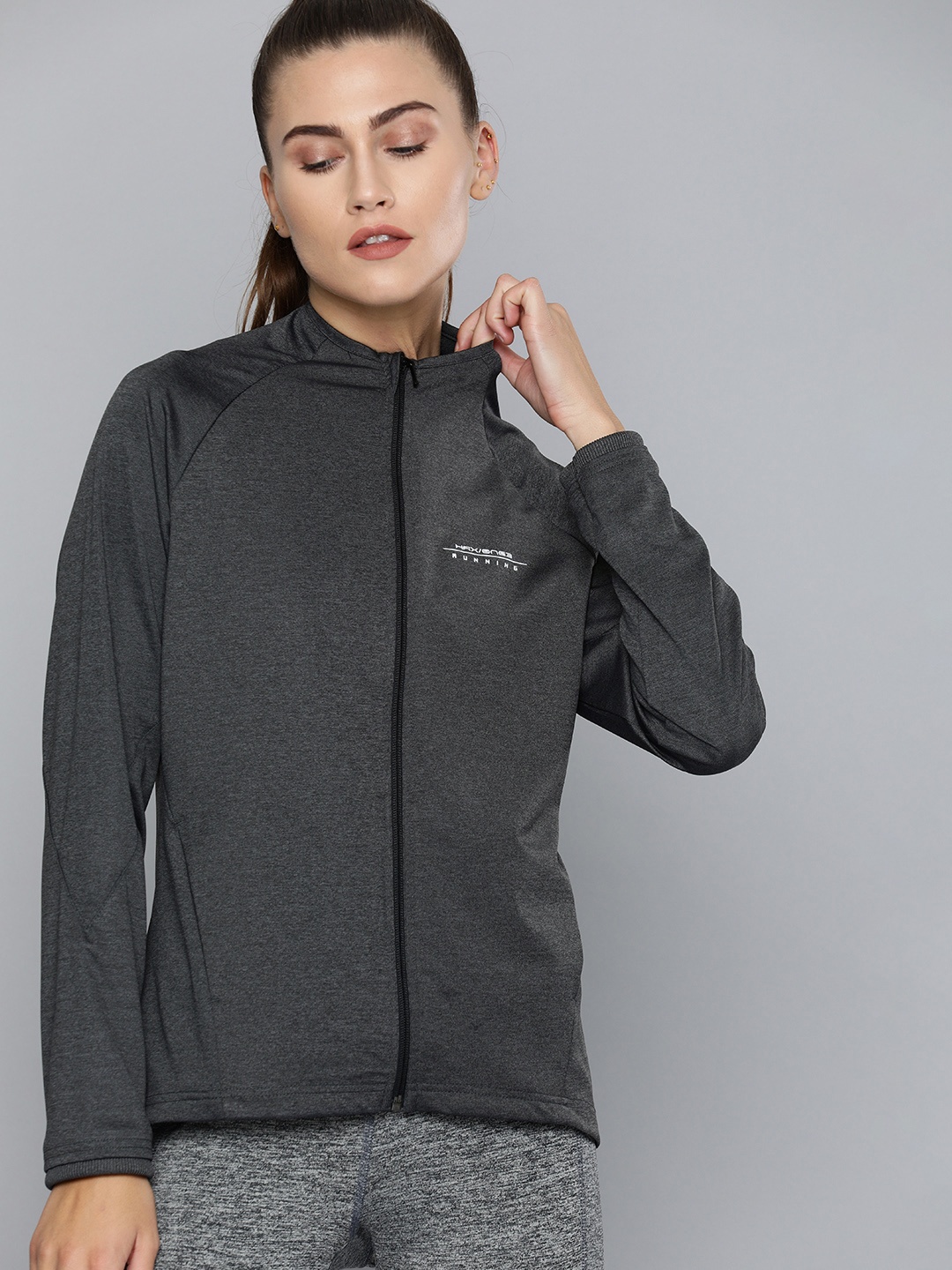 

HRX by Hrithik Roshan Women Anthra Melange Solid Rapid-Dry Running Jacket, Grey melange