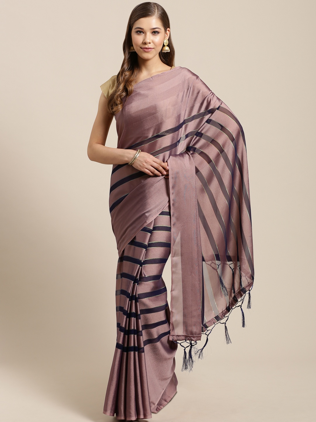 

Nanda Silk Mills Mauve & Navy Blue Striped Saree