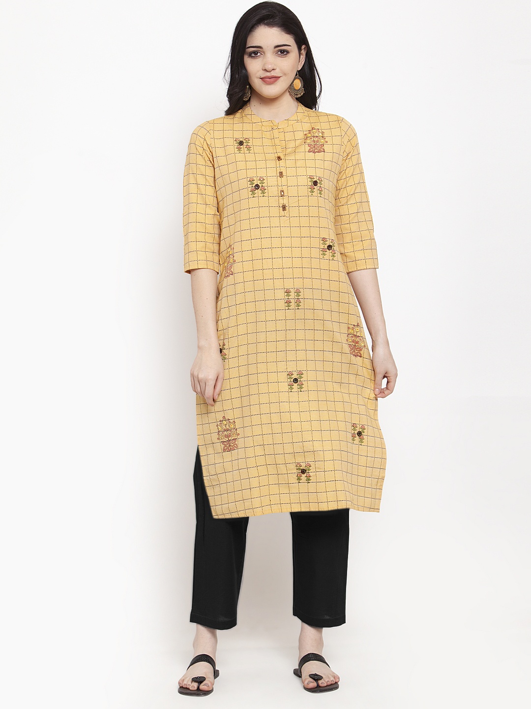 

ANAISA Women Yellow Checked Straight Kurta