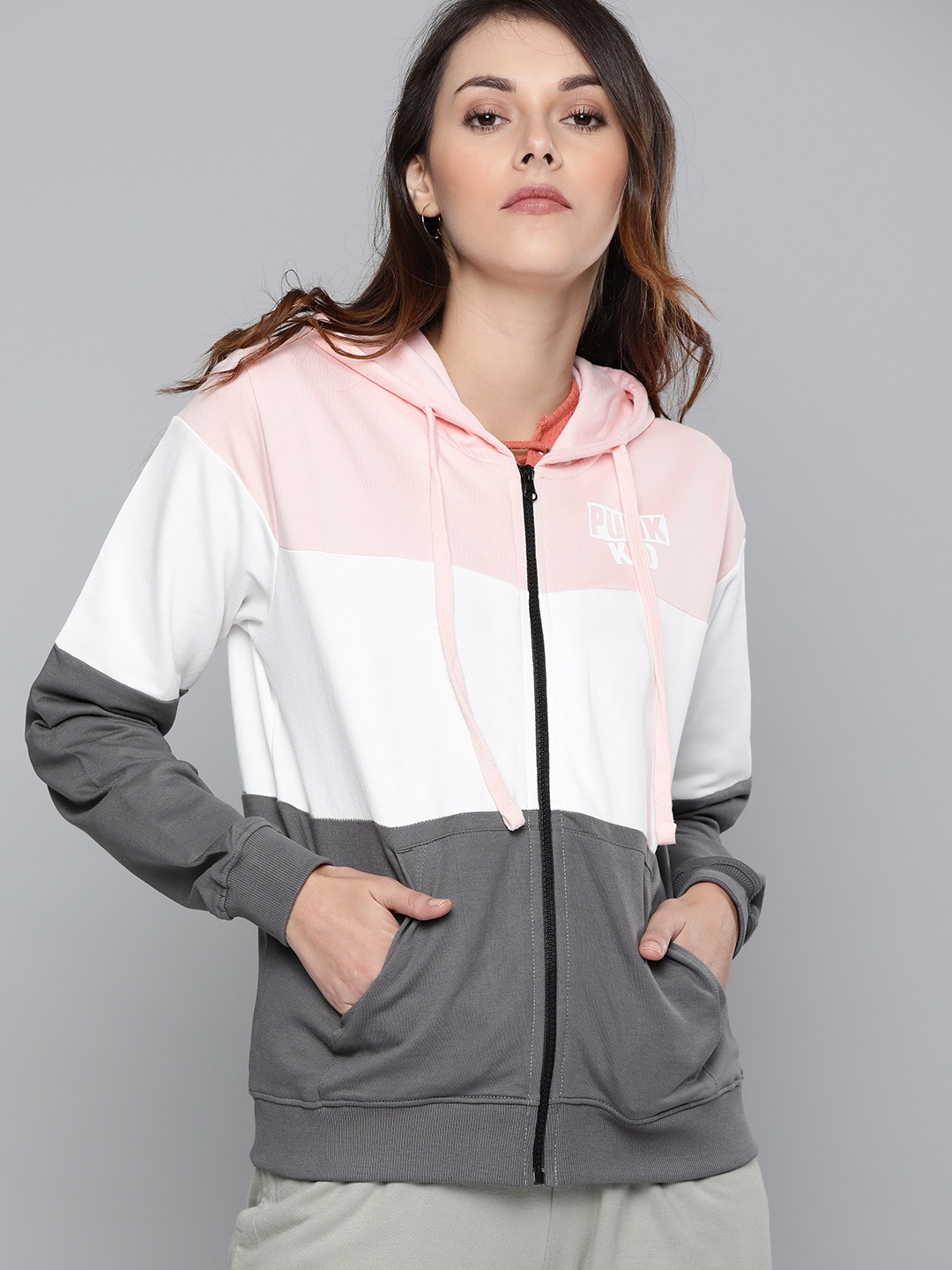 

Kook N Keech Women Grey & White Colourblocked Hooded Front-Open Sweatshirt