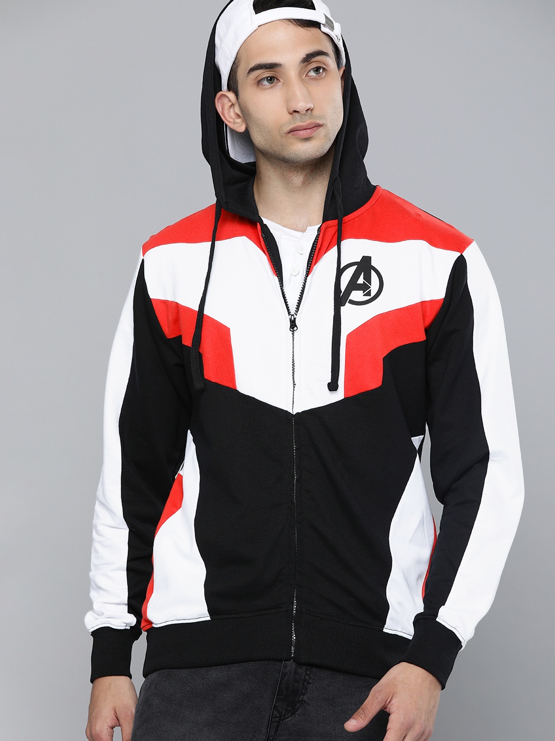 

Kook N Keech Marvel Men Black & White Colourblocked Hooded Sweatshirt