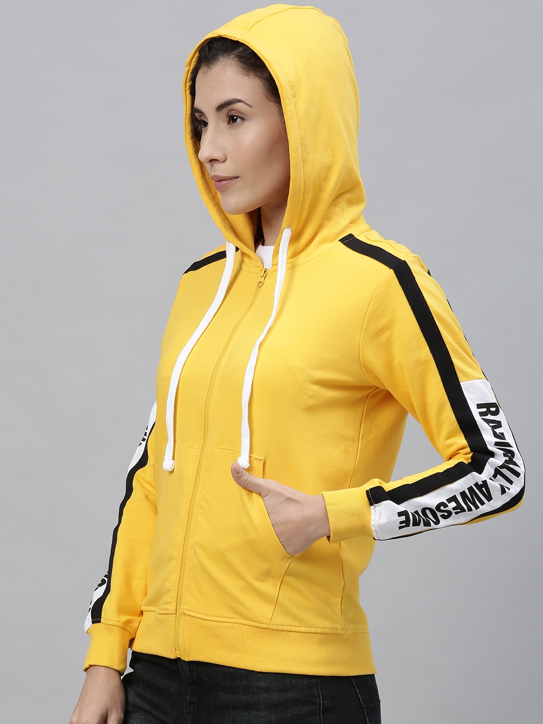 

Kook N Keech Women Yellow & Black Solid Hooded Sweatshirt