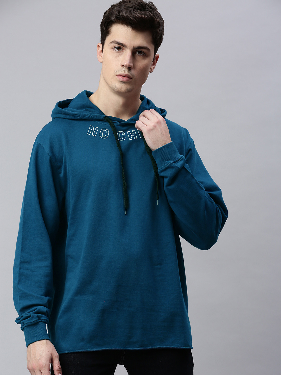 

Kook N Keech Men Teal Blue Solid Hooded Sweatshirt with Printed Detail
