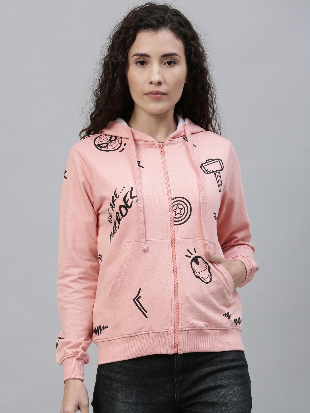 

Kook N Keech Marvel Women Coral & Black Printed Hooded Sweatshirt