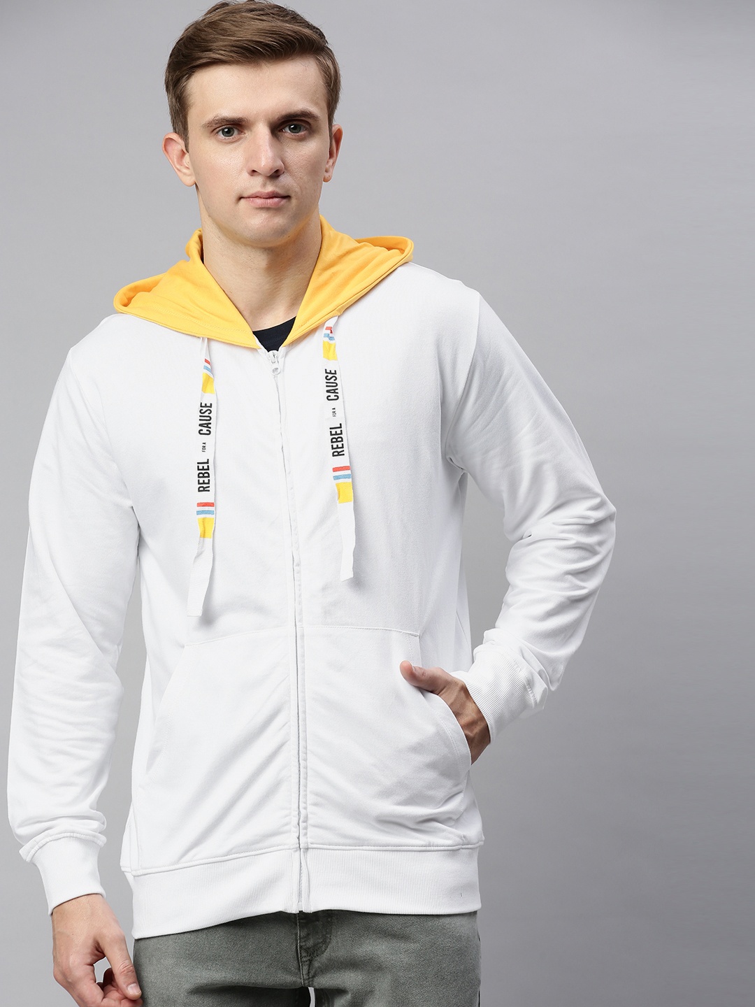 

Kook N Keech Men White & Yellow Solid Hooded Sweatshirt