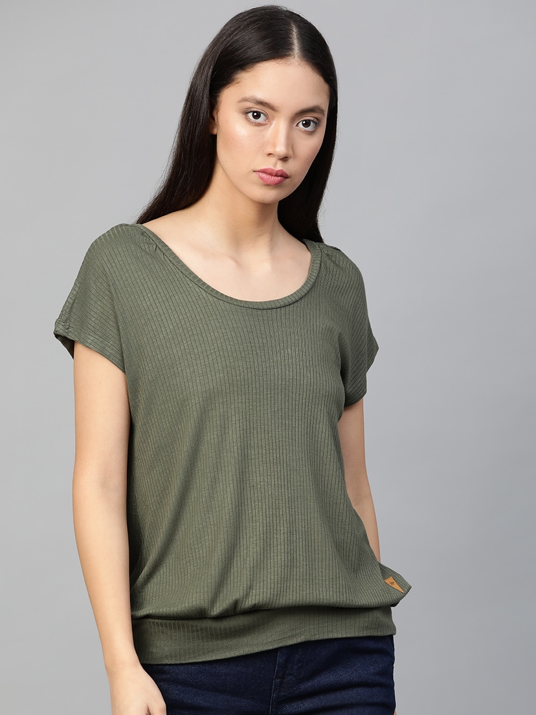 

Roadster Women Olive Green Ribbed Blouson Top