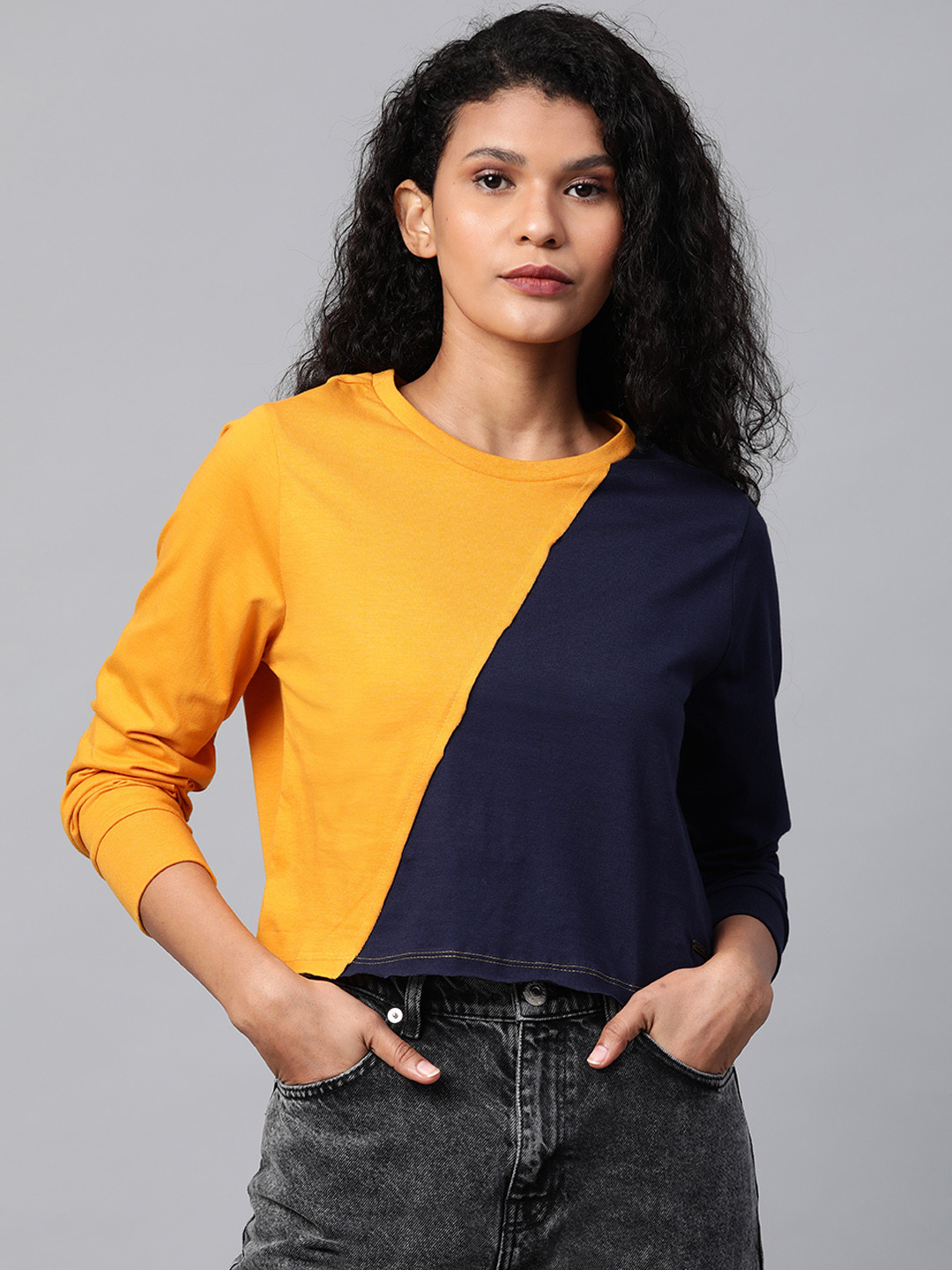 

Roadster Women Mustard Yellow Navy Blue Colourblocked Round Neck Pure Cotton T-shirt