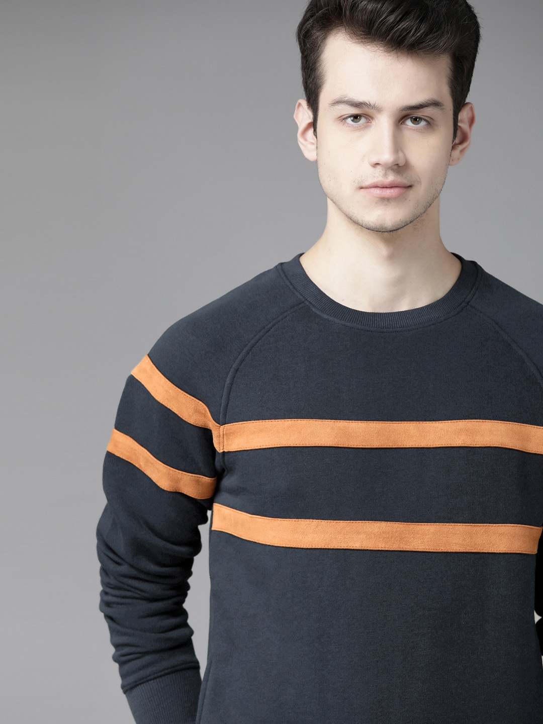 

Roadster Men Navy Blue & Camel Brown Striped Detail Sweatshirt