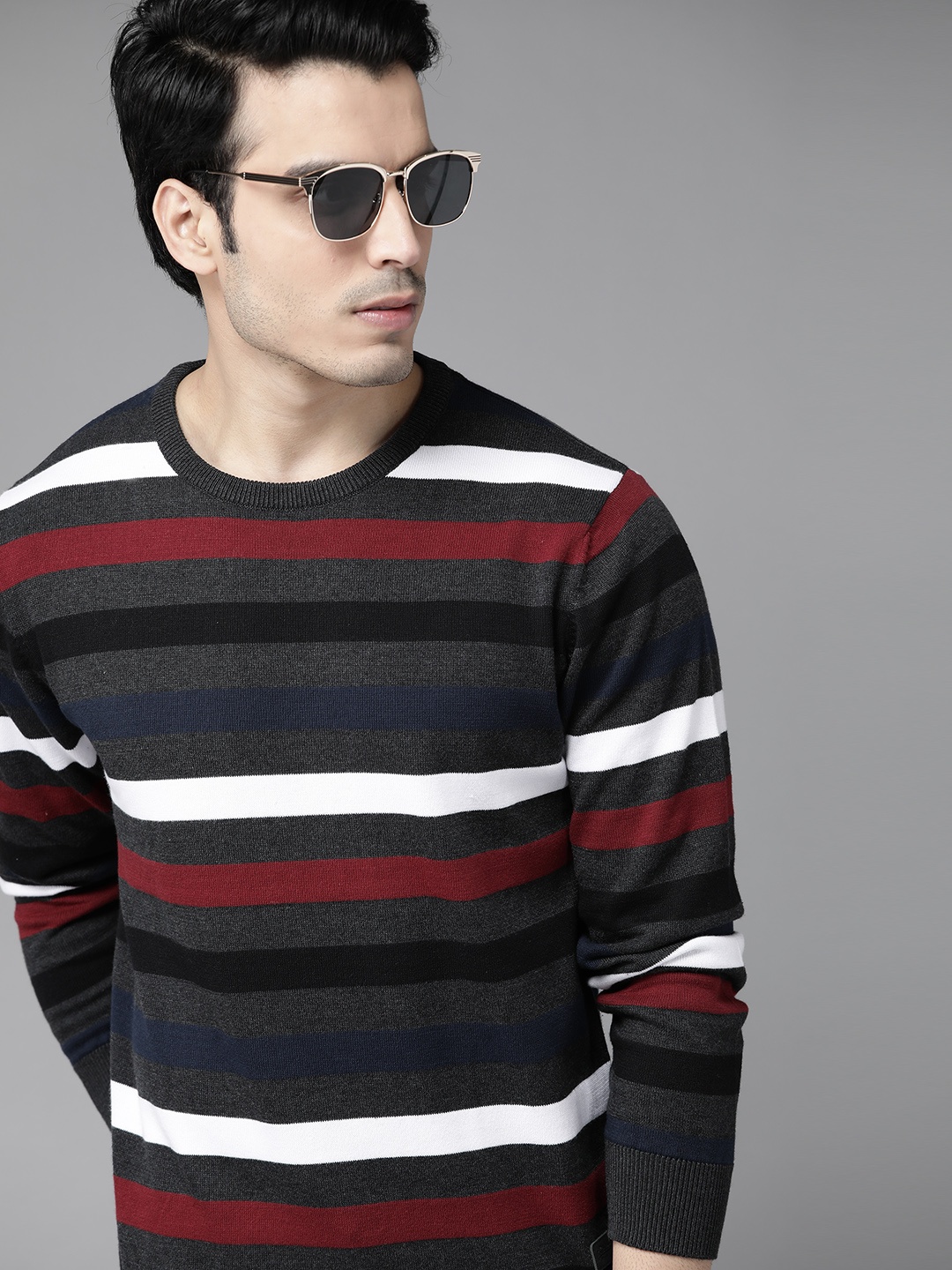 

Roadster Men Charcoal Grey & White Striped Pullover Sweater