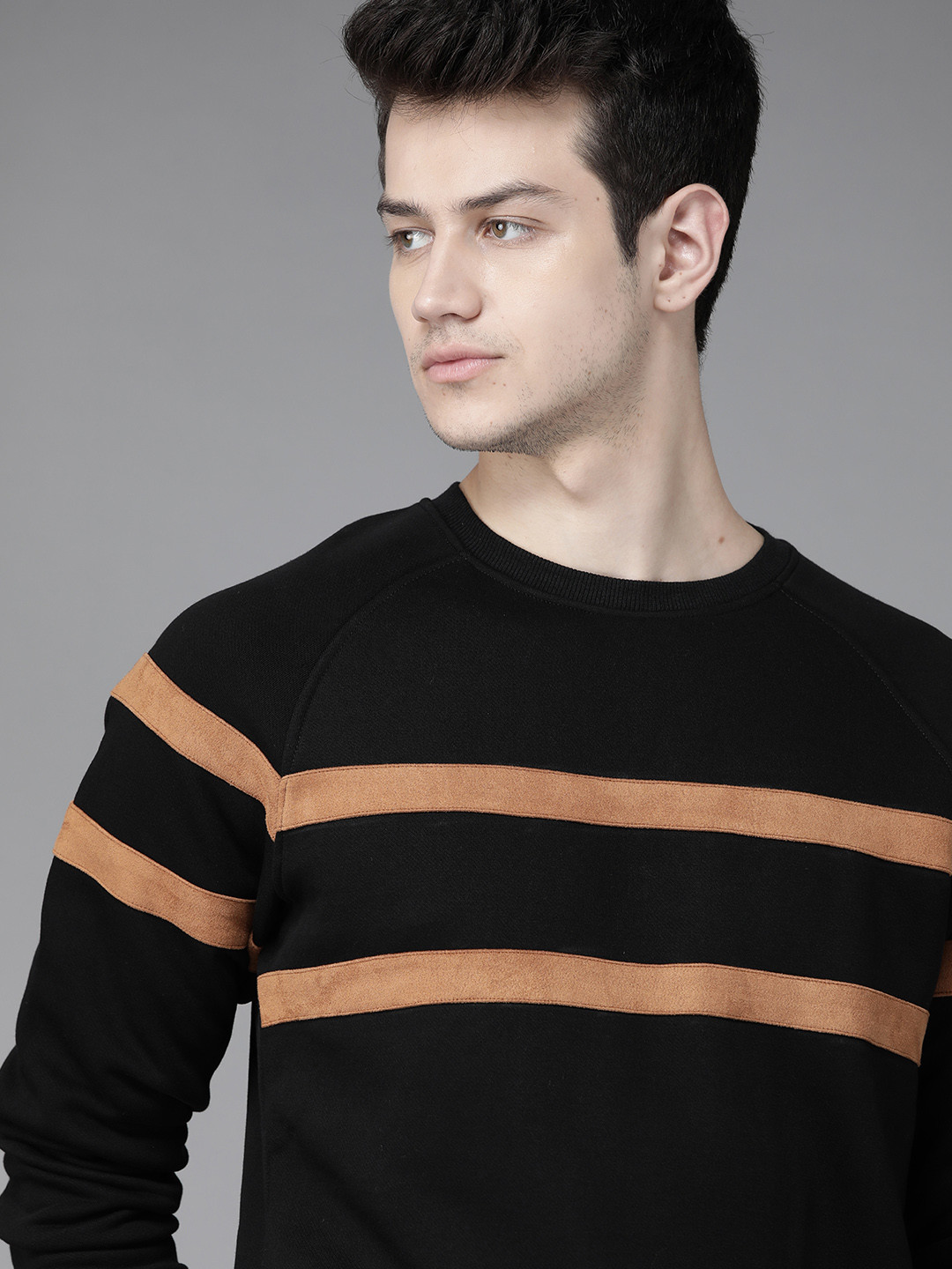 

Roadster Men Black & Camel Brown Striped Detail Sweatshirt