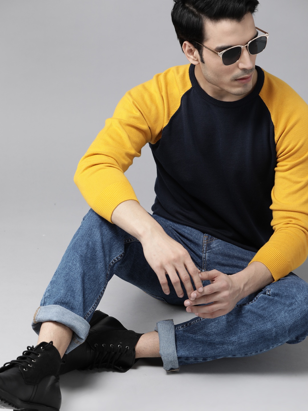 

Roadster Men Navy Blue & Mustard Yellow Solid Pullover