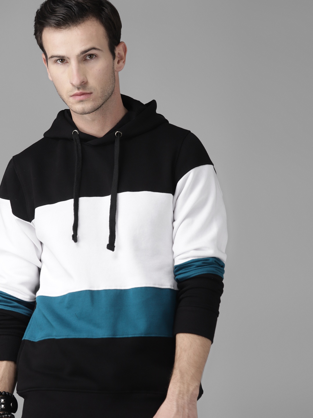 

Roadster Men Black & White Colourblocked Hooded Sweatshirt