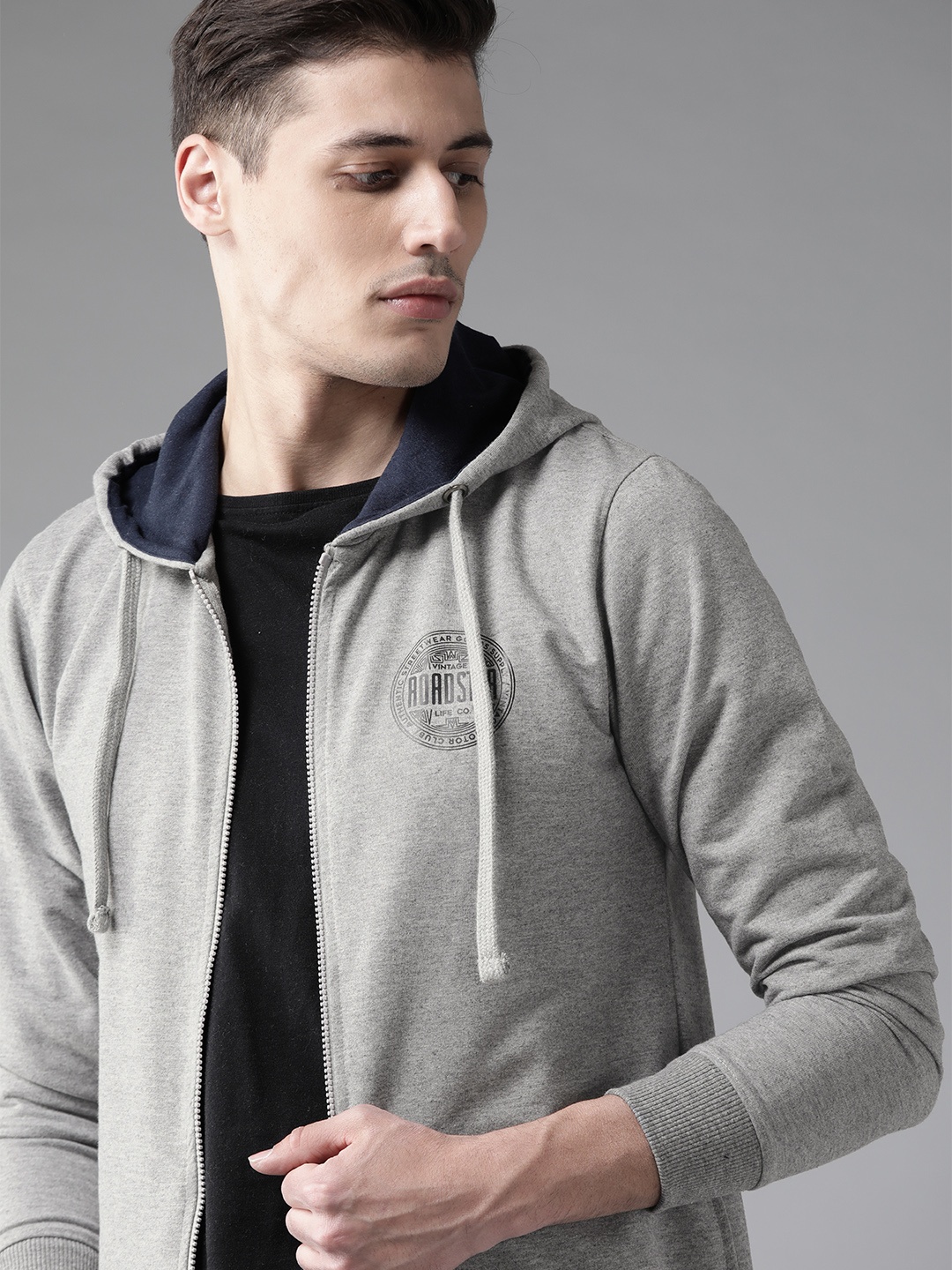

Roadster Men Grey Melange Solid Hooded Sweatshirt