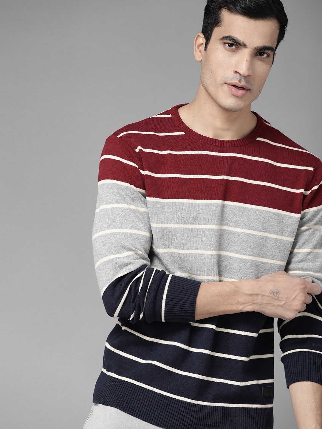 

Roadster Men Navy Blue & Grey Melange Stripes with Colourblock Pullover Sweater
