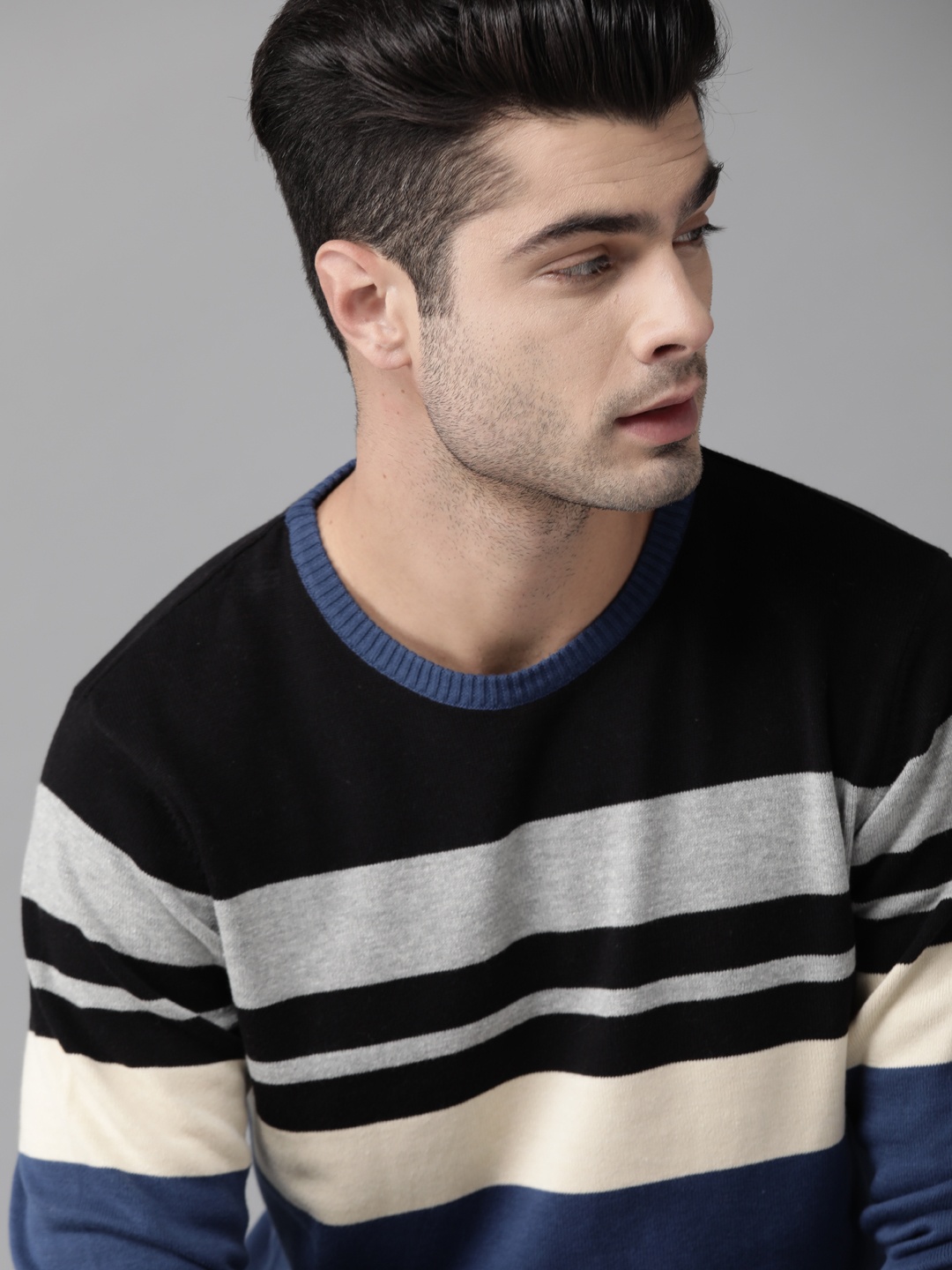 

Roadster Men Blue & Black Striped Pullover Sweater