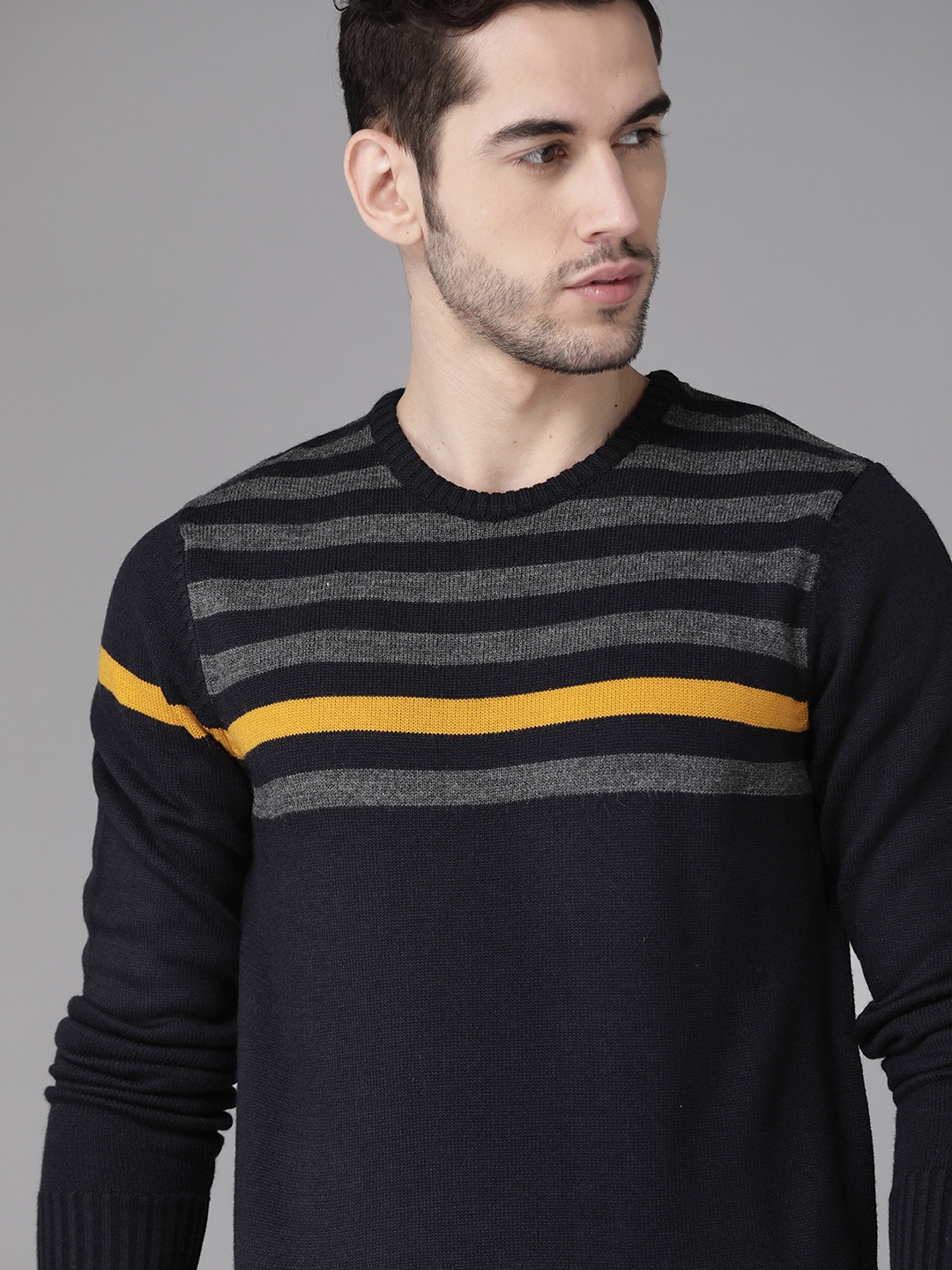

Roadster Men Navy & Charcoal Grey Striped Acrylic Sweater, Navy blue