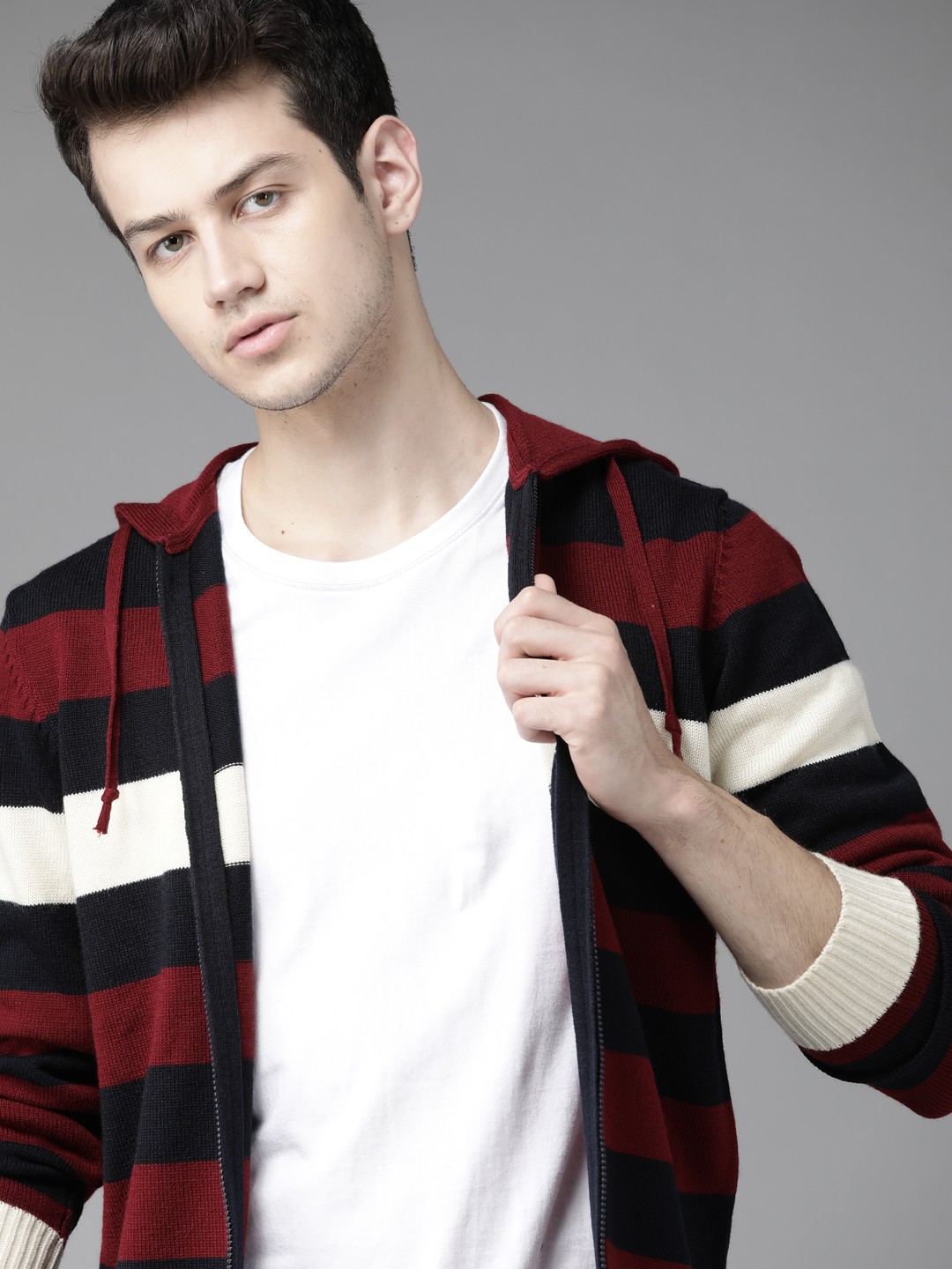 

Roadster Men Maroon & Navy Blue Striped Hooded Cardigan